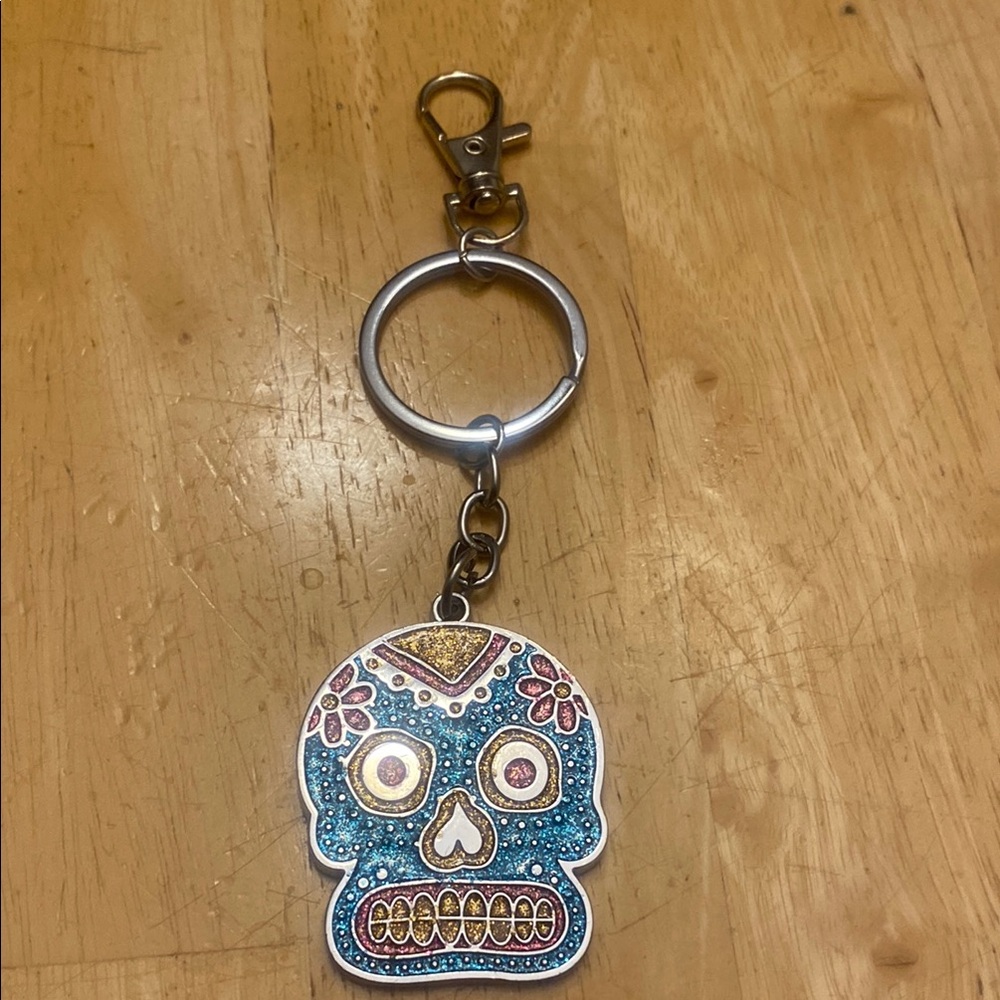 Colorful Sugar Skull bag charm or Keychain Silver tone